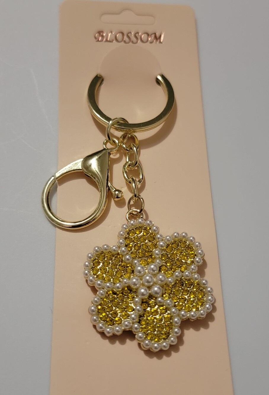 Gold-Tone Yellow Crystal & Pearl Flower Keychain